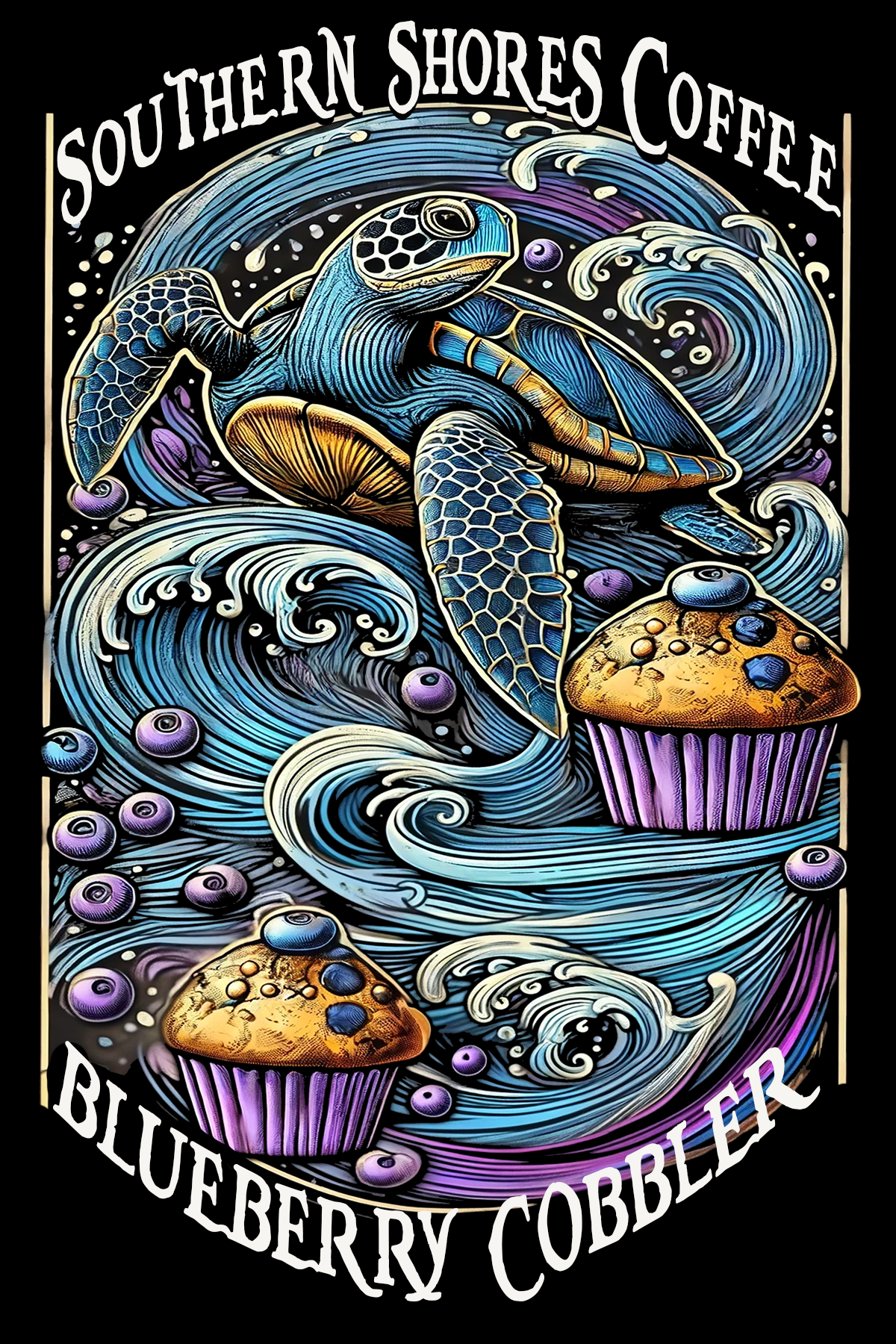 Blueberry coffee image of a sea turtle swimming through waves o blueberry muffins