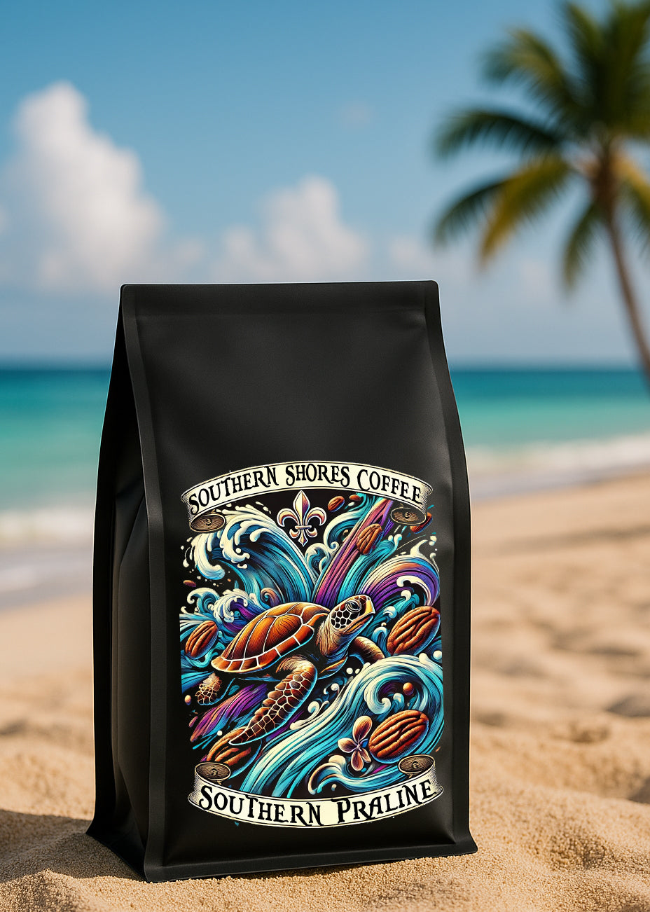 Southern Praline coffee on a beautiful beach.
