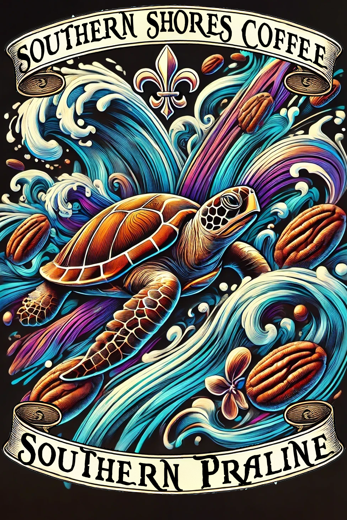 A sea turtle swimming on a wave of pecans