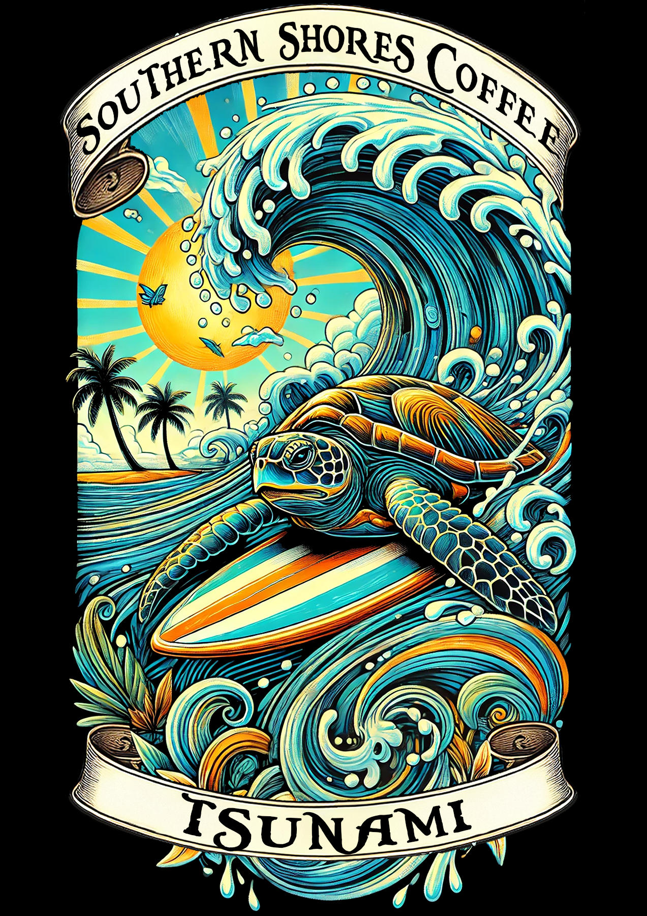Label for Tsunami coffee, the label has a sea turtle surfing a large wave.