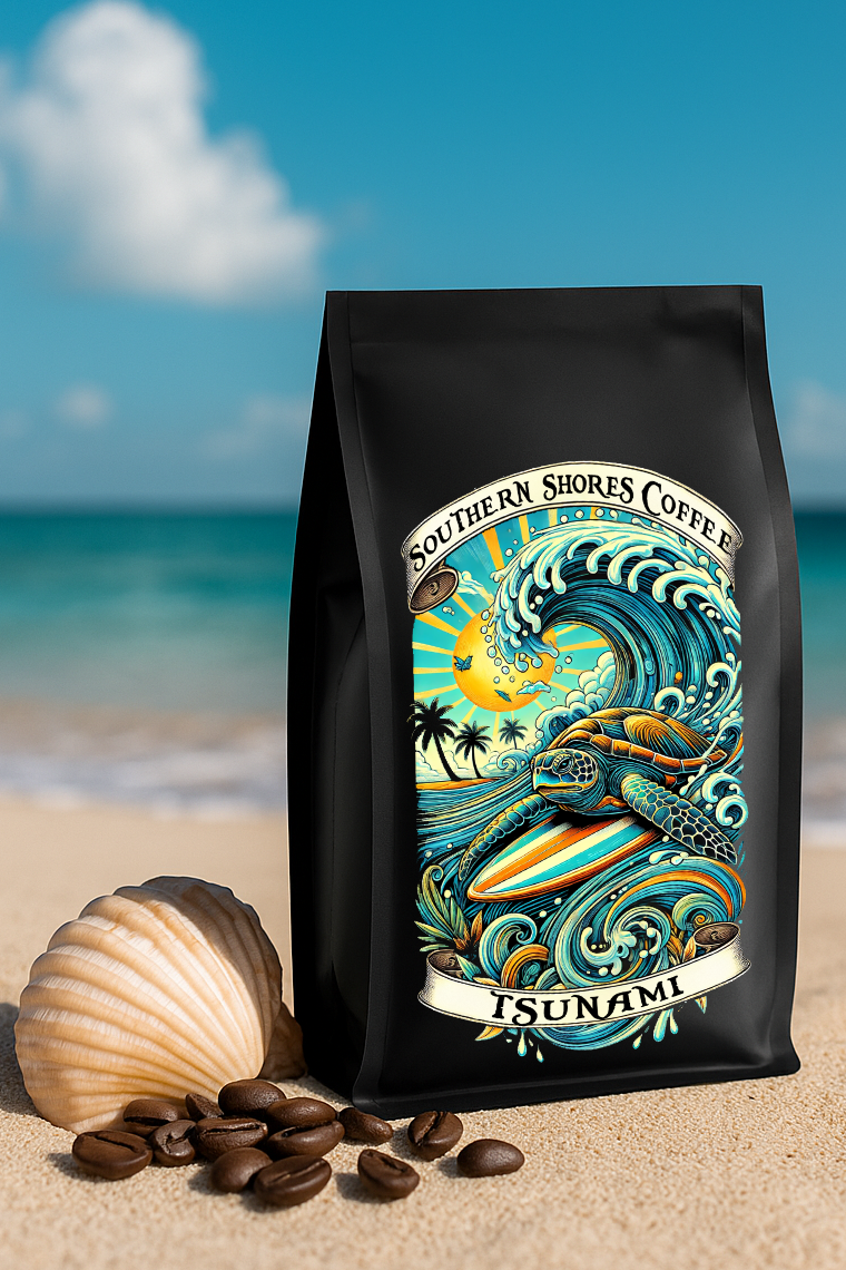 A bag of Tsunami coffee on the beach with a seashell and coffee beans scattered n the sand.