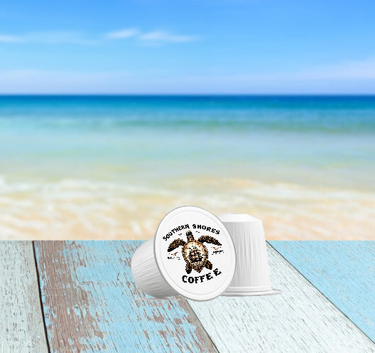 Coffee pod, kcup, k-cup image with the beach in the background.
