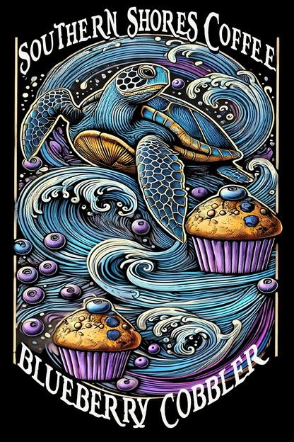 Blueberry coffee image of a sea turtle swimming through waves o blueberry muffins