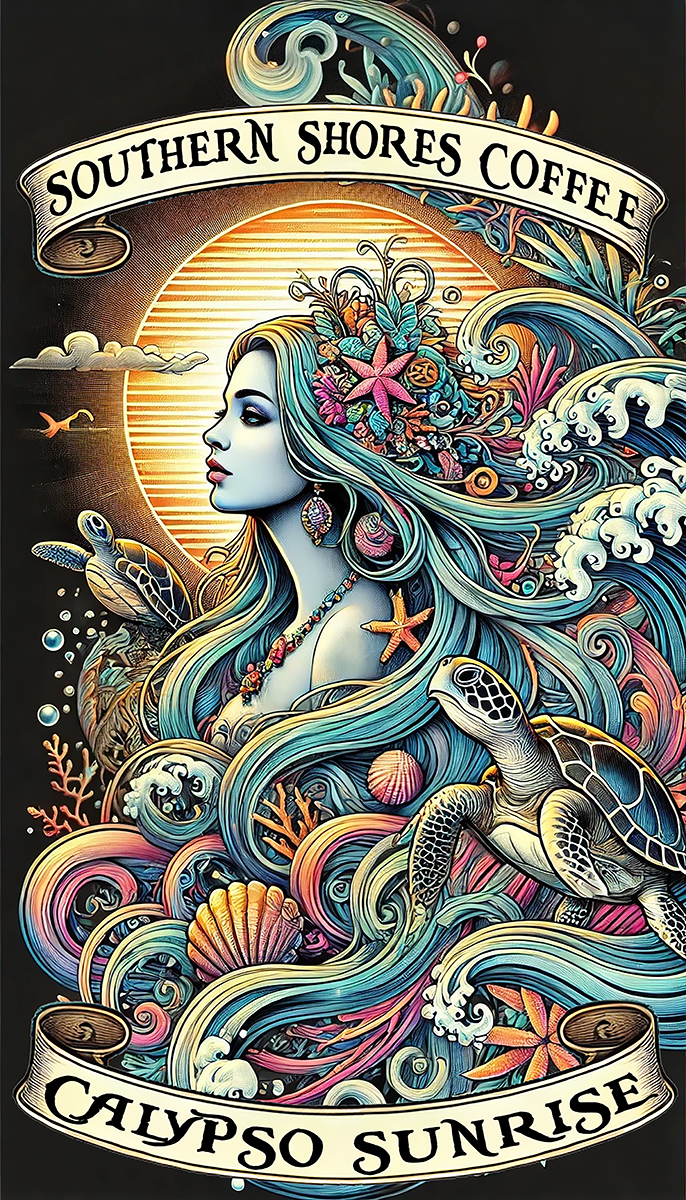 Calypso Label that has calypso staring off in the distance surrounded by waves and sea turtles.
