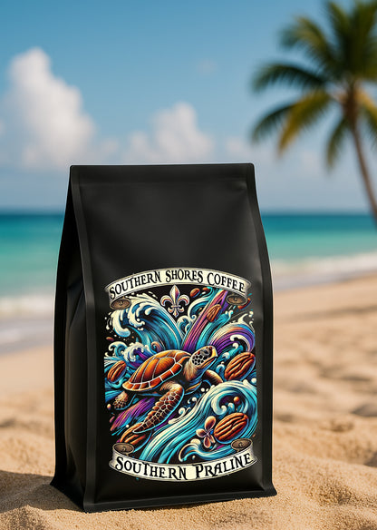 Southern Praline coffee on a beautiful beach.