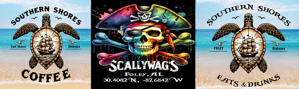 Three logos or brand images with 'Southern Shores Coffee', 'Scallywag's', and 'Southern Shores Eats & Drinks' branding.