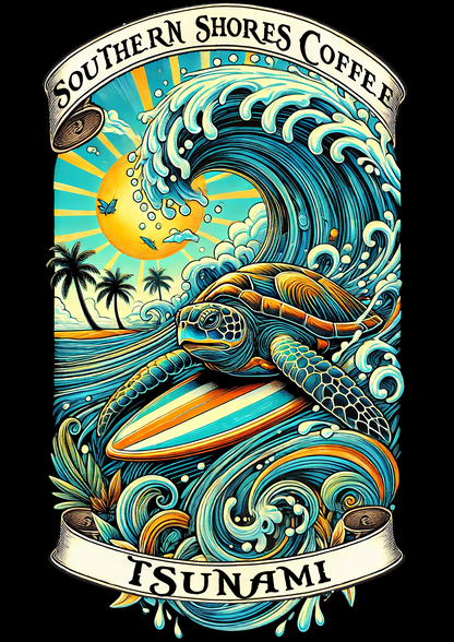 Label for Tsunami coffee, the label has a sea turtle surfing a large wave.