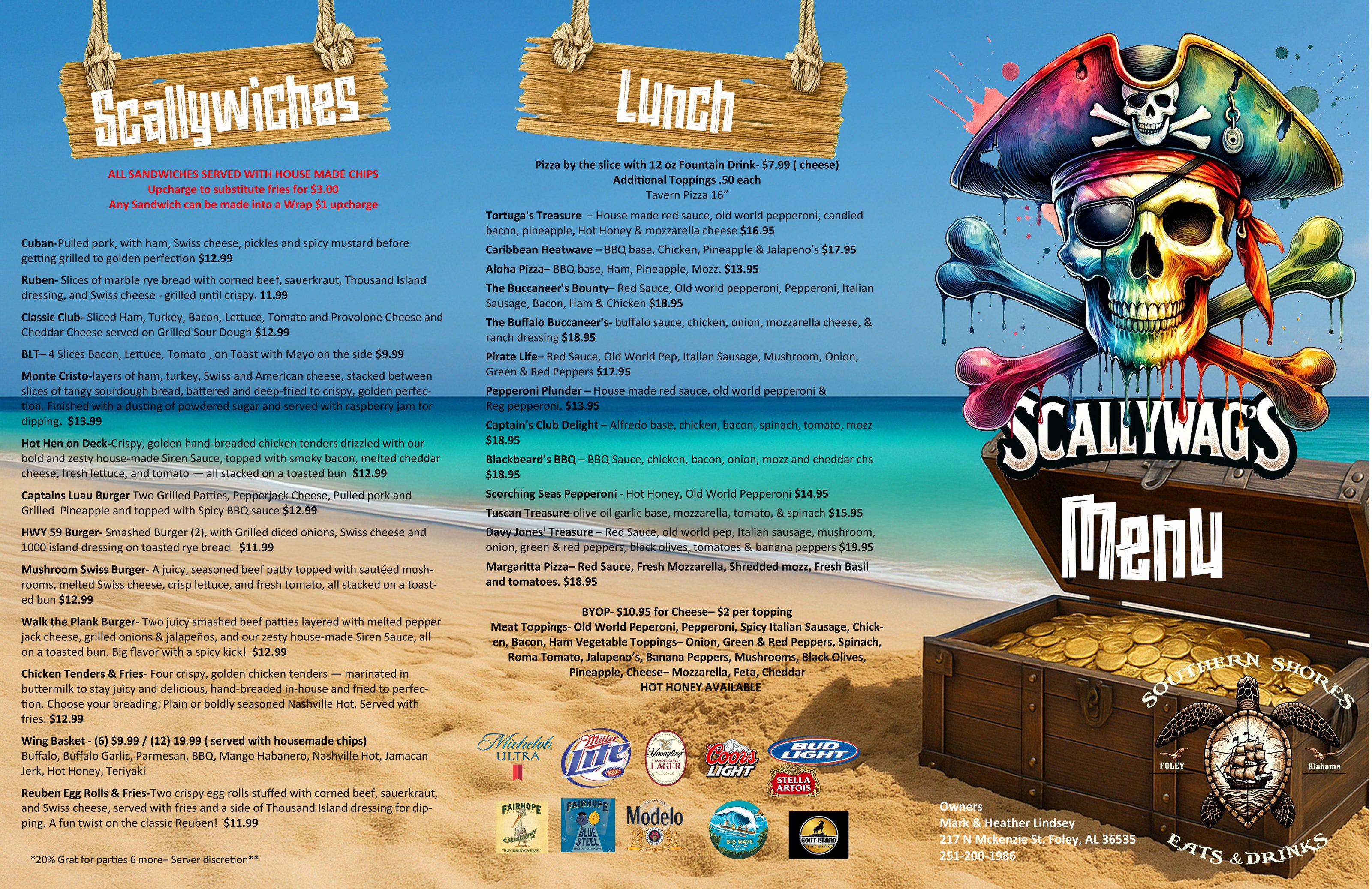 Menu for Scallywag's with pirate-themed design and beach background