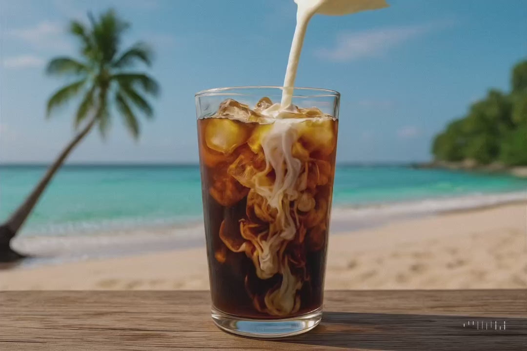 video of an Iced Bushwacker coffee with cream being added with a beach background 