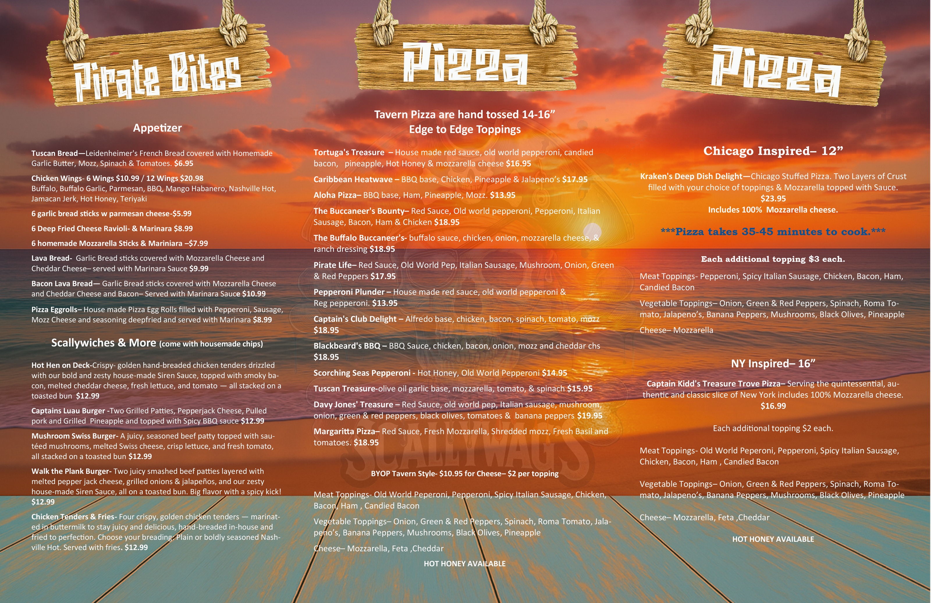 Menu with pirate-themed design featuring pizza and other food items.