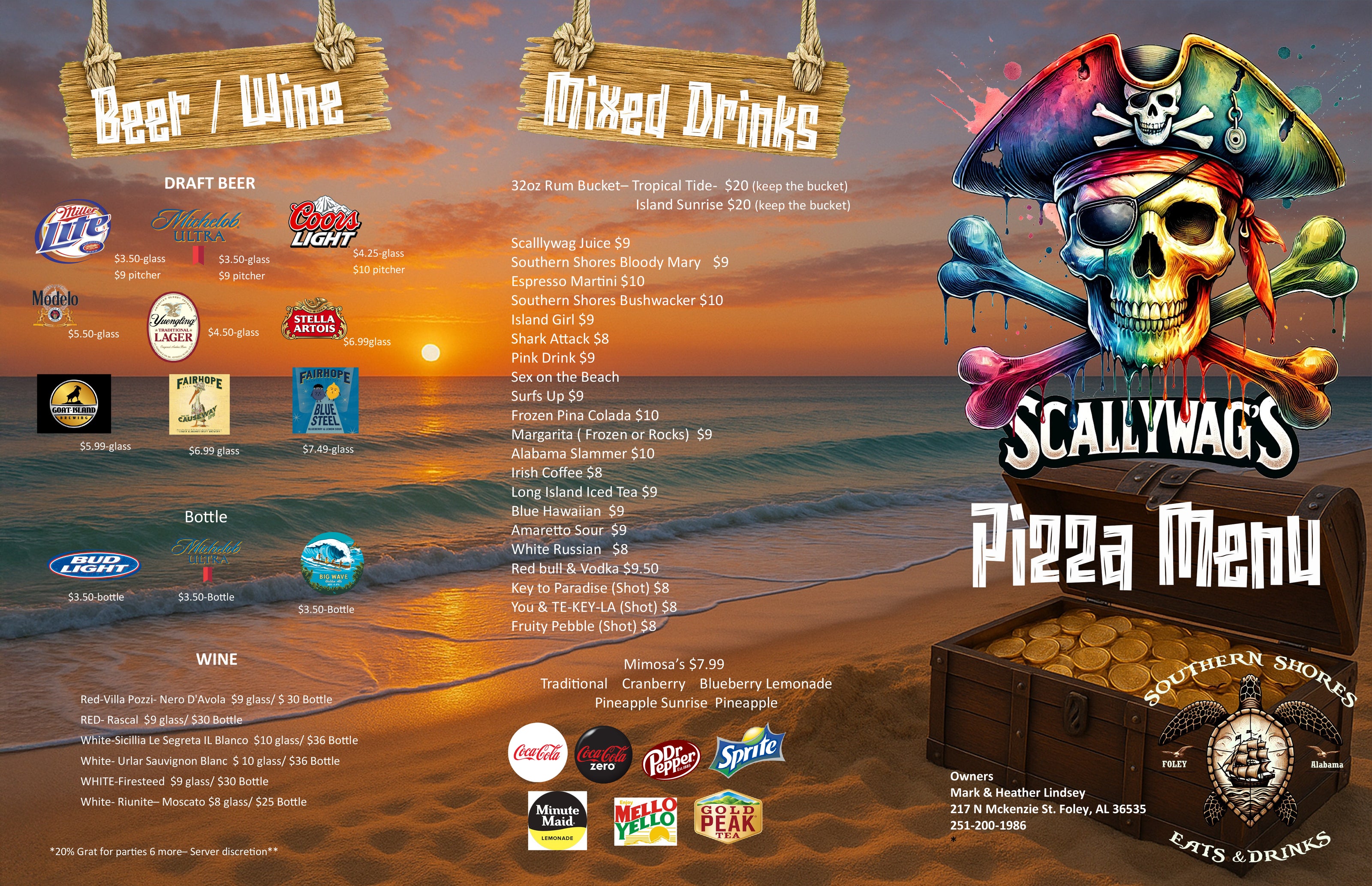 Menu for Scallywag's Pizza featuring a pirate-themed design with a beach sunset background.