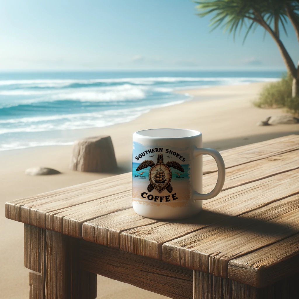 A coffee cup on a wooden table with the southern shores coffee logo.